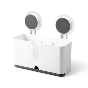 Cetomo Wall Mounted Storage Organizer, Adhesive Self-Draining Shower Caddy, Plastic Shelf with 3 Compartments and Removable Drain Tray for Toiletries Kitchen Utensils Bathroom Cabinet, White